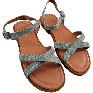 Girls Size 3 Elva Sandals Silver Glitter Strappy Buckle‎ Sparkle Shimmer Flat